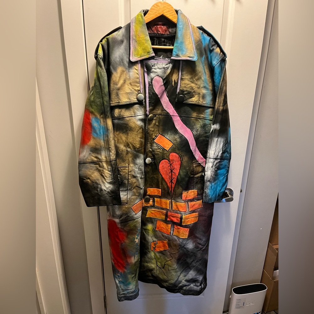 Custom Hand Painted Pink Panther Leather Trench Coat - Picture 2 of 12